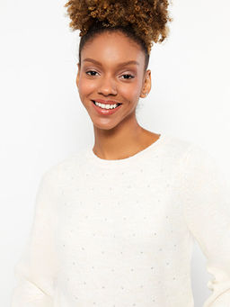 Bisiklet Yaka Pul Bask?l? Uzun Kollu Kad?n Triko Kazak