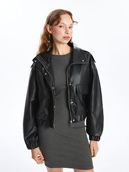 Dik Yaka Oversize Kad?n Deri G?r?n?ml? Ceket