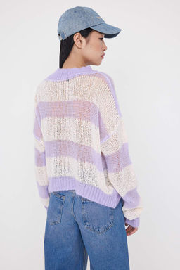 Teen Ekru Oversize/ Genis Kal?p Cizgili Triko Kazak TWOAW26KZ00025 - Trendyolmilla фото 4
