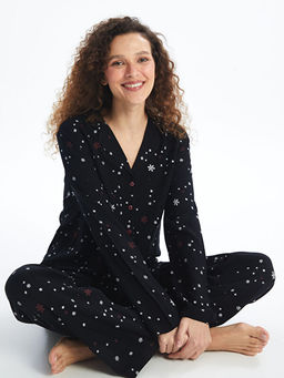 G?mlek Yaka Desenli Kad?n Pijama Tak?m?