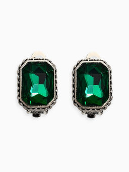 Серьги клипсы для ушей QF «Винтаж», цвет изумрудный в чернёном серебре