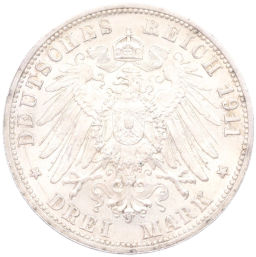 3 марки 1911 года F Германия (Вюртемберг) 25 лет свадьбе Вильгельма II и Шарлотты