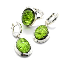 Янтарный набор с буранитом в посеребрении овал 17*21мм цв.салатовый Радуга камня