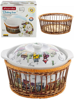 Кастрюля керамическая для запекания 1.8л (24*21*12см) с ротанговой корзинкой (6301)