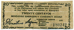 Банкнота 20 сентаво 1943 года Филиппины (Минданао, Администрация США)