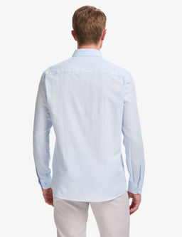 A__k Mavi %100 Pamuk Keten G_r_n_ml_ Slim Fit Uzun Kollu G_mlek