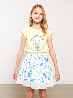 Bisiklet Yaka Bask?l? K?sa Kollu K?z ?ocuk Ti??rt ve Etek - Waikiki фото 2