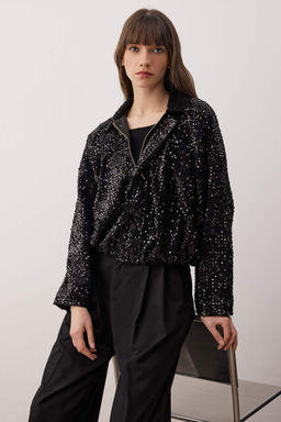 Siyah Oversize Parlak Pul Payet Bomber Mont TWOAW26MO00165 - Trendyolmilla фото 2