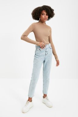 Vizon Fitted/Vucuda Oturan Dik Yaka Uzun Kol Fitilli Esnek Orme Bluz TWOAW21BZ0423