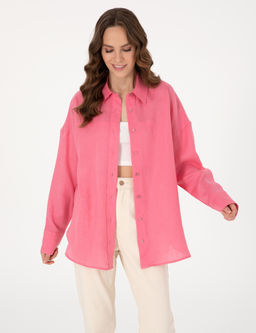 Pembe Oversize Uzun Kollu %100 Keten G_mlek