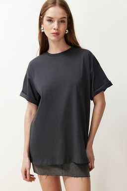 TRENDYOLMILLA Beyaz %100 Pamuk Bisiklet Yaka Oversize/Genis Kal?p Orme T-Shirt TWOSS20TS0134  фото 42