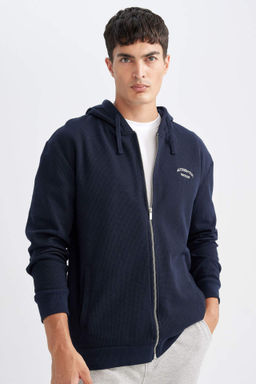 Siyah Relax Fit Kapusonlu Waffle Bask?l? Cepli Fermuarl? Sweatshirt - Defacto фото 2