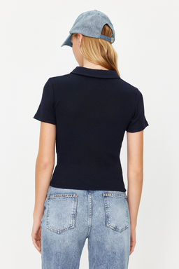 Lacivert Fermuar Detayl? Fitted/Vucuda Oturan Polo Yaka Fitilli Esnek Orme Bluz TWOSS23BZ00496 - Trendyolmilla фото 6