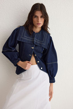 Koyu Mavi Denizci Yaka Detayl? Kontrast Dikisli Denim Gomlek Ceket TWOSS25CE00003