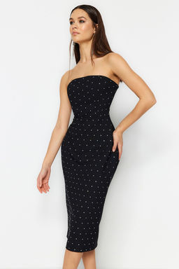 TRENDYOLMILLA Siyah Vucuda Oturan Astarl? Parlak Tasl? Dokuma S?k Abiye Elbise TPRSS23EL00476 фото 3