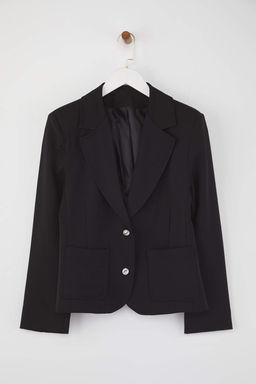 Siyah Aksesuar Dugmeli Cepli Fitted/Bele Oturan Dokuma Blazer Ceket TWOAW26BC00007
