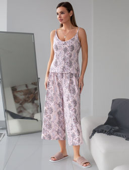 Брюки Vilatte кюлоты укороченные широкие на резинке из хлопка с принтом кофейные фото 6