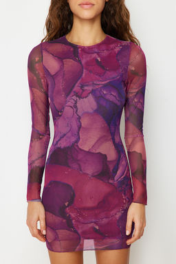 TRENDYOLMILLA Mavi Bask?l? Tul Fitted/Vucuda Oturan Esnek Mini Orme Elbise TWOAW24EL00135 фото 22