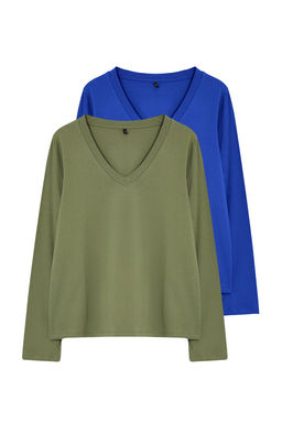 Trendyolmilla Siyah-Beyaz 2li Paket %100 Pamuk V Yaka Regular/Normal Kesim Orme T-Shirt TWOAW25TS00002