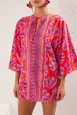 Su Alt? Desenli Dokuma %100 Pamuk Plaj Mini Elbise TBESS25EL00007