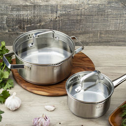 Набор посуды из нержавеющей стали Практис 2 штуки: кастрюля 2,9л - д20см, h9,5см, ковш 1,1л - д14см, h7,5см, s05мм, стеклянная крышка с ободом из нержавеющей стали и сливом, пароотовод, капсулированное дно, полировка снаружи - матовая, внутренняя - - Домашняя мода фото 4