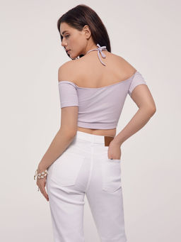 CONTE Укороченный топ в рубчик с отрытыми плечами и сборкой LD 2632 lavender - Conte elegant фото 4