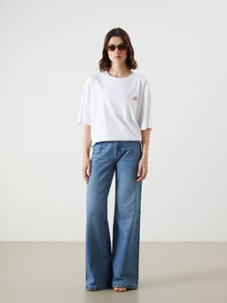 Bisiklet Yaka Bask?l? Oversize Kad?n Ti??rt