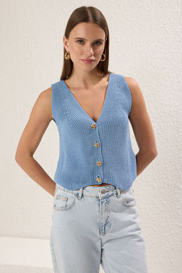 TRENDYOLMILLA Mavi Dugme Detayl? V Yaka Yelek TWOSS25YE00045