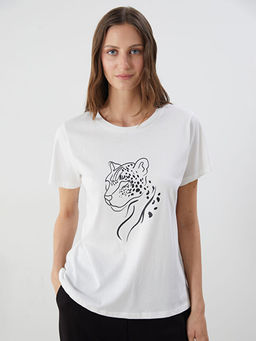 Bisiklet Yaka Bask?l? Penye Kad?n Ti??rt