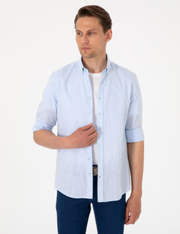 A__k Mavi Keten G_r_n_ml_ Slim Fit Uzun Kollu G_mlek