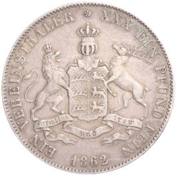 Монета 1 союзный талер 1862 года Вюртемберг