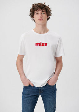 K?rm?z? Miav Bask?l? Beyaz Tisort