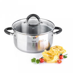 Кастрюля из нержавеющей стали "Ковентри" 4л, д22см, h11см, 0,6мм, дно s2,8мм, полировка внешняя комбинированная, внутренняя матовая, стеклянная жаропрочная крышка, обод крышки металлический, пароотвод, ручки с силиконовыми вставками, мерная шкала, цв