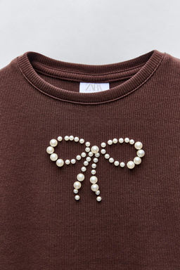 RIBBED T-SHIRT WITH FAUX PEARL BOW - Zara фото 3