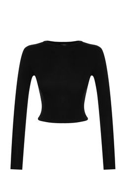 Siyah Premium Yumusak Kumasl? Viskon Bisiklet Yaka Crop Esnek Orme Bluz TWOAW24BZ00116