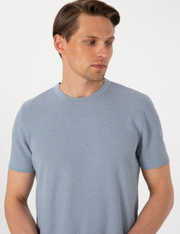 Mavi Slim Fit Keten Kar___ml_ Bisiklet Yaka Triko Ti__rt