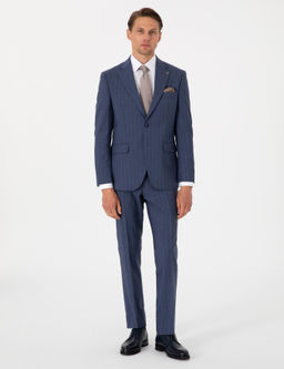 Koyu Mavi Slim Fit _izgili Y_n Tak_m Elbise