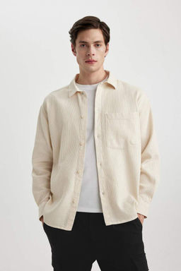 Рубашка оверсайз с широким вырезом поло и длинными рукавами из хлопка - Defacto фото 6