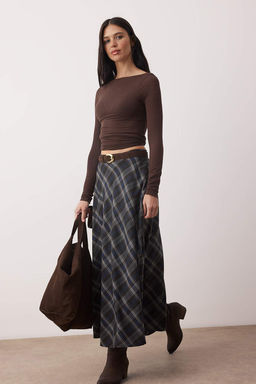 Lacivert Siyah Ekoseli Dokuma Uzun Maxi Etek TWOAW26ET00164