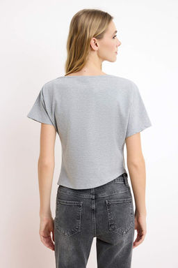 Siyah Regular/Normal Kal?p Asimetrik Yaka Buzgulu Pamuklu Esnek Orme T-shirt TWOSS26TS00059 - Trendyolmilla фото 8