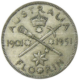Монета 1 флорин (2 шиллинга) 1951 года Австралия  50 лет Федерации