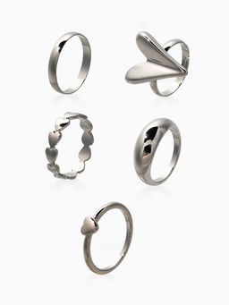 Набор колец 5 шт "Новый стиль" сердечки, размер МИКС, цвет серебро