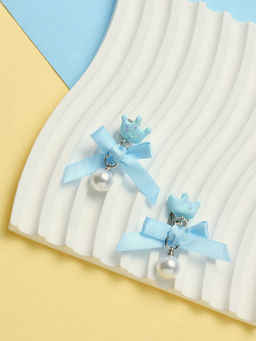 Серьги-клипсы детские «Выбражулька» корона с бантом и жемчужиной, голубой-белые