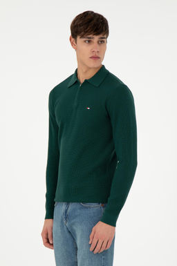 Erkek Regular Fit Yar_m Fermuarl_ Koyu Ye_il Basic Kazak