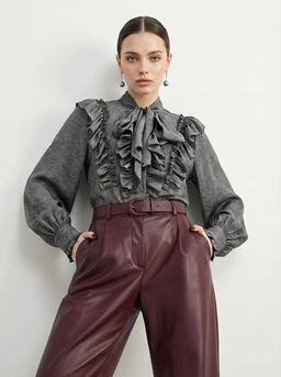 Блузка с рюшами и воротником-завязка OD-988-1 графит