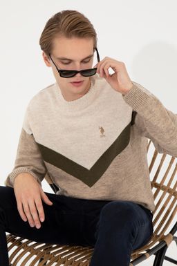U. S. Polo Assn Мужской светло-коричневый меланжевый трикотажный свитер с круглым вырезом - U.s. polo assn фото 4