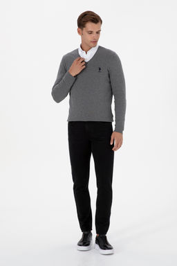 Erkek Slim Fit V Yaka Gri Melanj Basic Kazak - U.s. polo assn фото 3