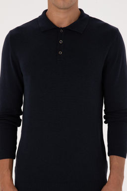 Erkek Slim Fit Polo Yaka Lacivert Basic Kazak