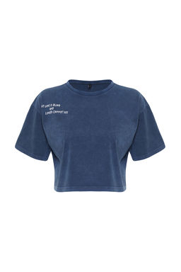 Indigo %100 Kal?n Pamuklu Soluk Efektli Bask?l? Relaxed Crop Orme T-Shirt TWOSS23TS00117