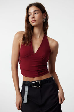 Bordo Boyundan Baglamal? Vucuda Oturan Esnek Orme Bluz TWOSS24BZ00061